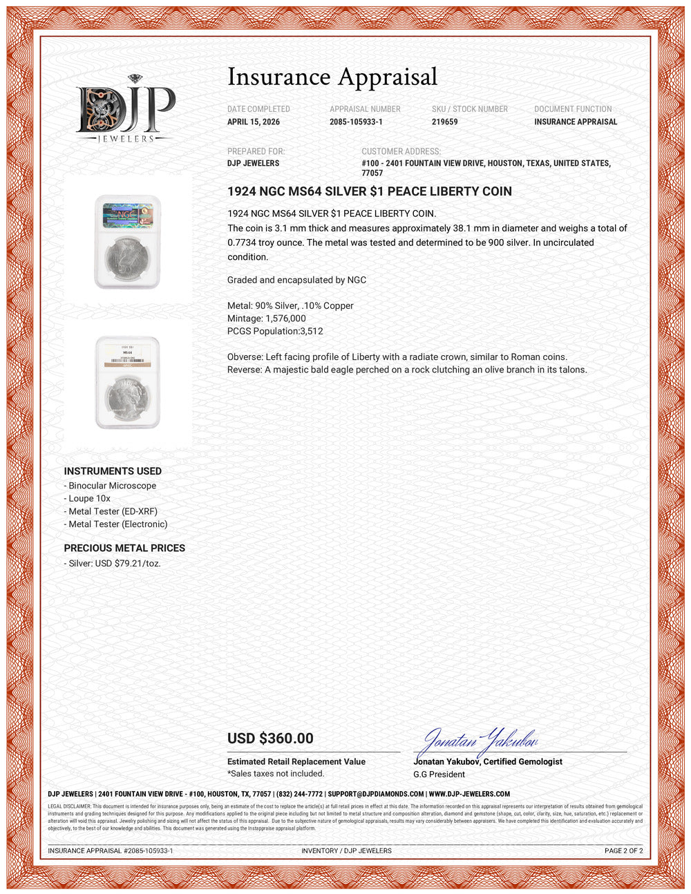 1924 Ngc MS64 Silver $1 Peace Liberty Coin