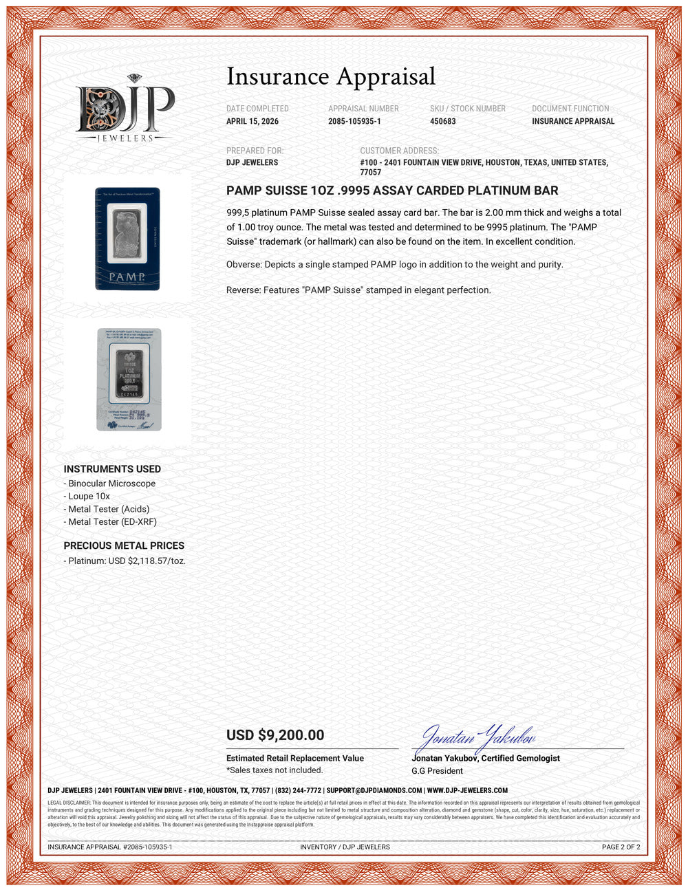 Pamp Suisse 1OZ .9995 Assay Carded Platinum Bar