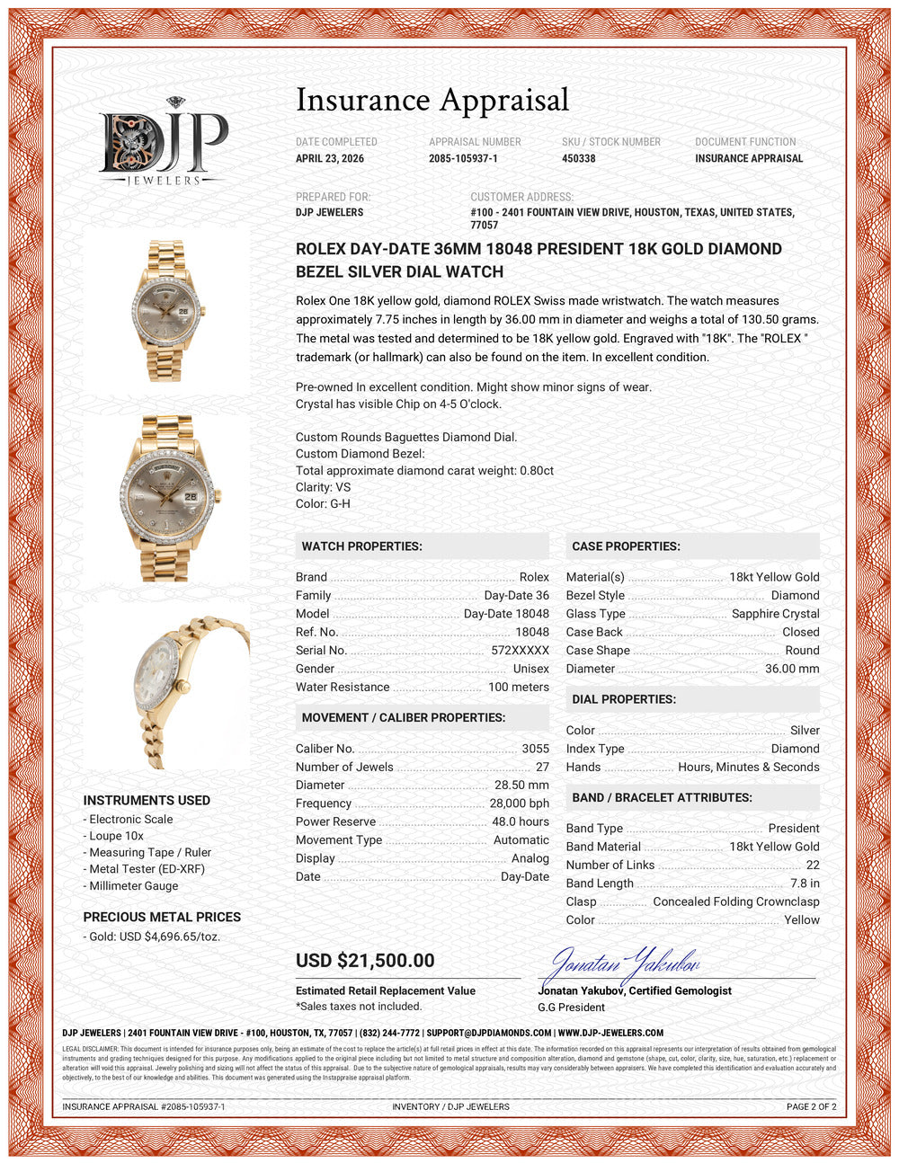 Rolex Day-Date 36MM 18048 President 18K Gold Diamond Bezel Silver Dial Watch