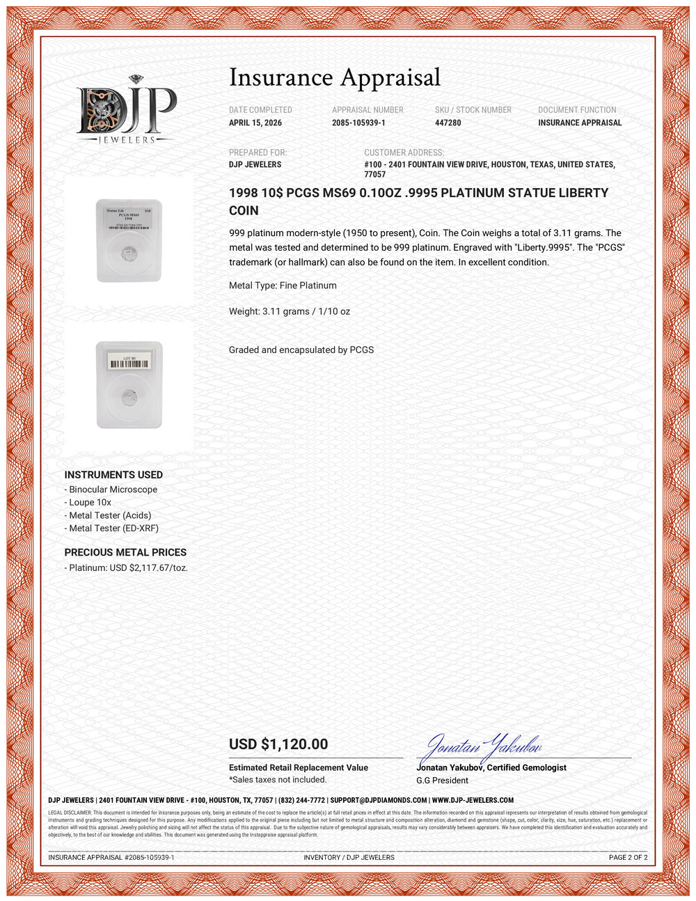 1998 10$ PCGS MS69 0.10oz .9995 Platinum Statue Liberty Coin