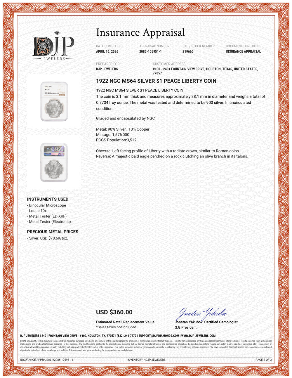 1922 Ngc MS64 Silver $1 Peace Liberty Coin