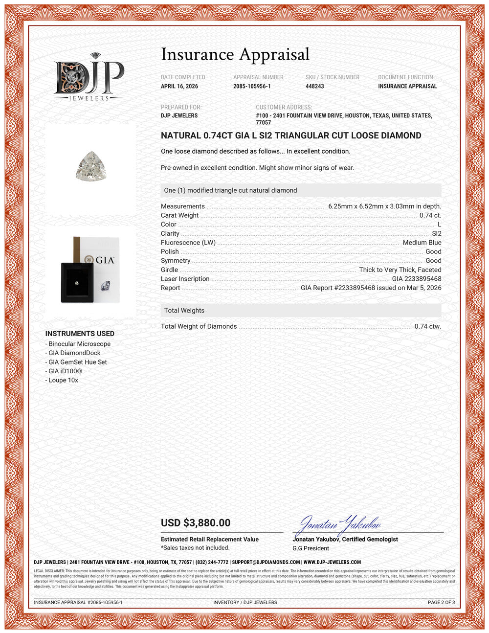 Natural 0.74ct Gia L SI2 Triangular Cut Loose Diamond