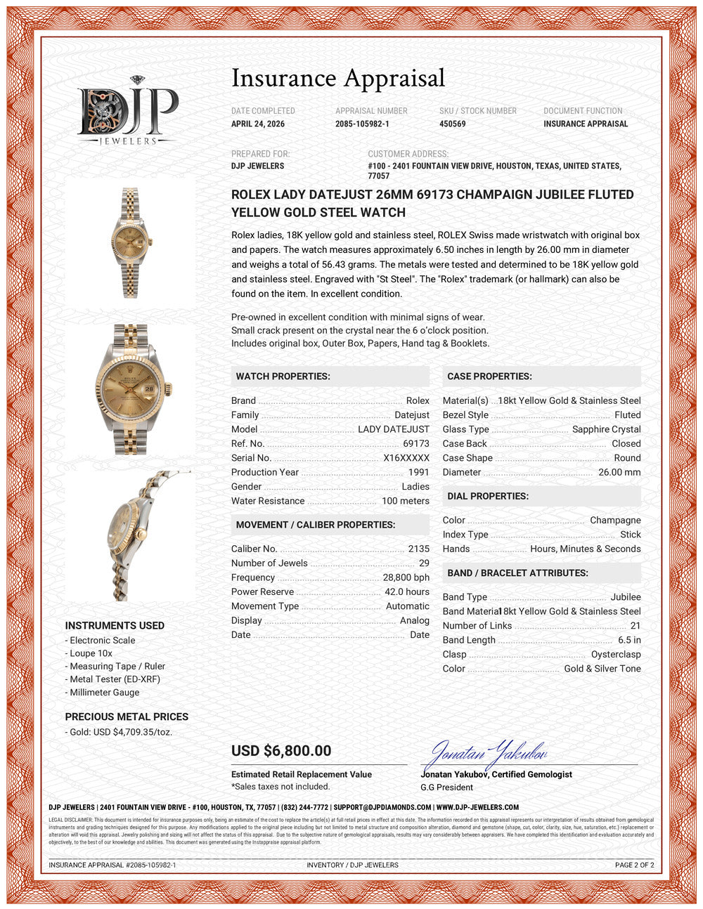 Rolex Lady Datejust 26MM 69173 Champaign Jubilee Fluted Yellow Gold Steel Watch