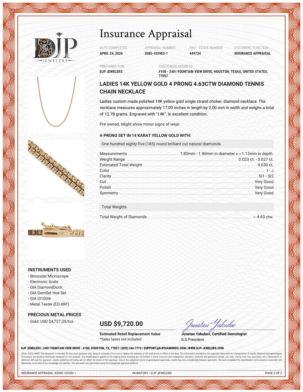 Ladies 14K Yellow Gold 4 Prong 4.63ctw Diamond Tennis Chain Necklace
