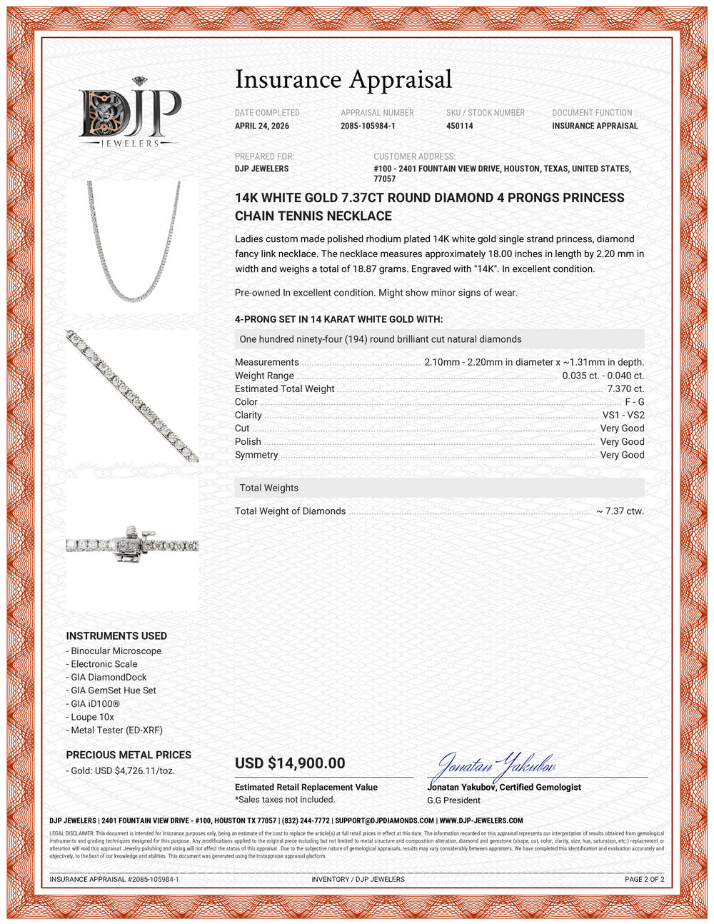 14K White Gold 7.37ct Round Diamond 4 Prongs Princess Chain Tennis Necklace