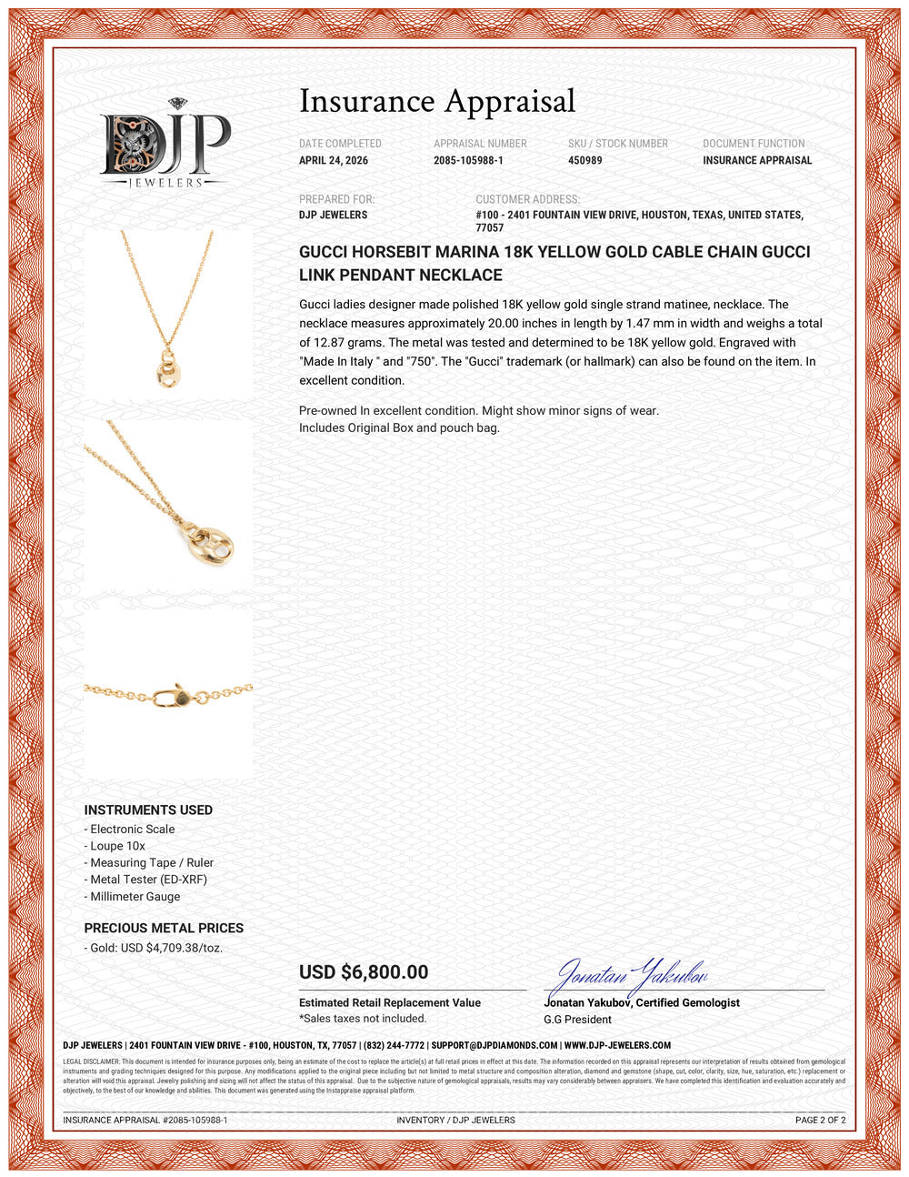 Gucci Horsebit Marina 18K Yellow Gold Cable Chain Gucci Link Pendant Necklace