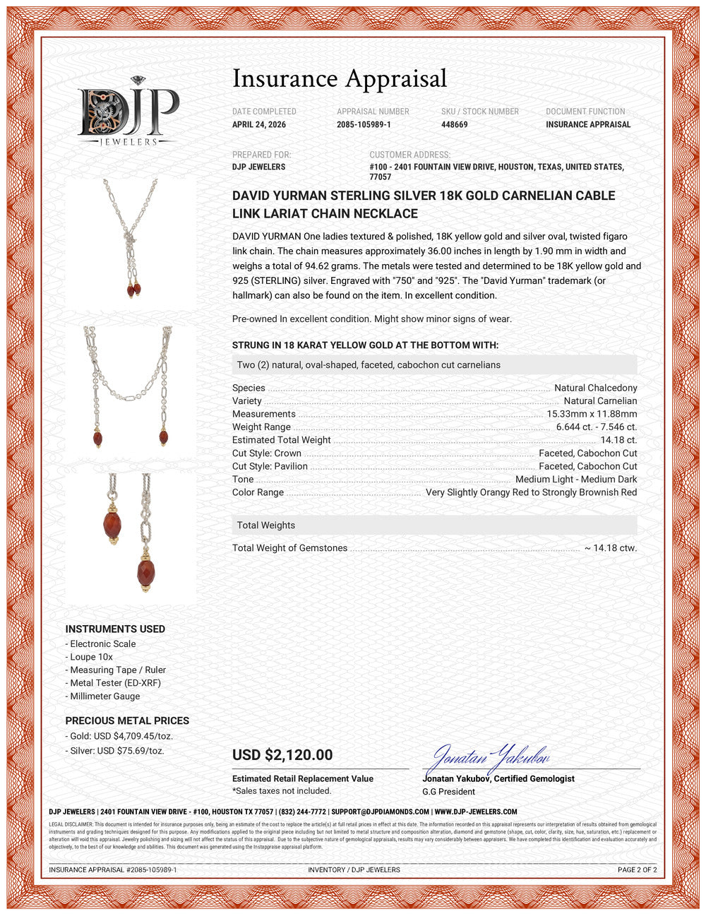 David Yurman Sterling Silver 18K Gold Carnelian Cable Link Lariat Chain Necklace