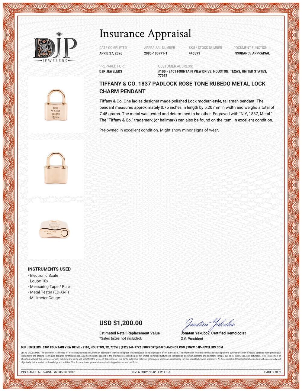 Tiffany & Co. 1837 Padlock Rose Tone Rubedo Metal Lock Charm Pendant