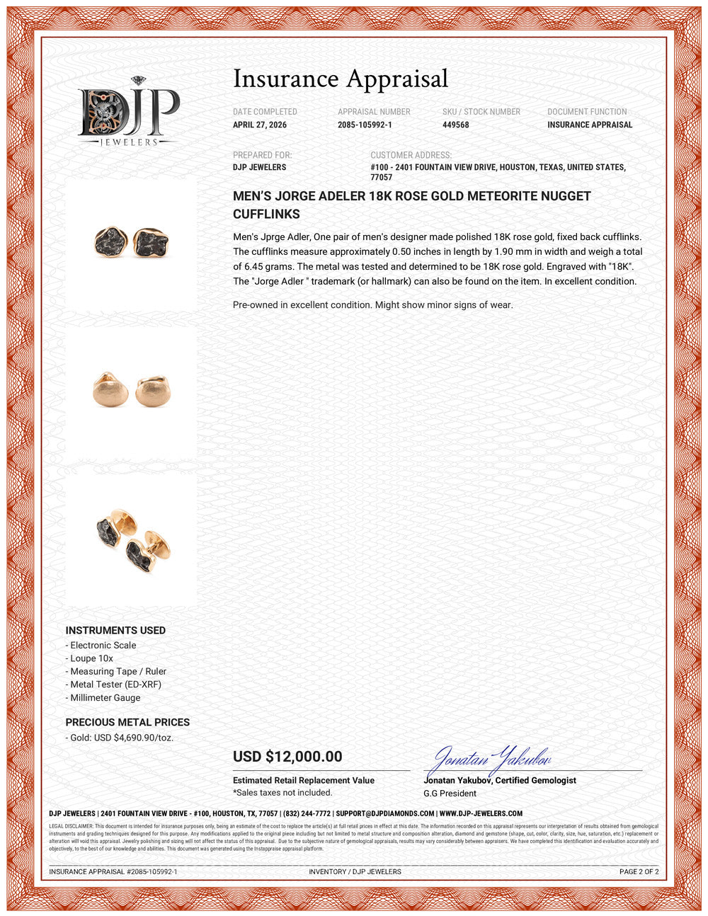 Men’s Jorge Adeler 18K Rose Gold Meteorite Nugget Cufflinks