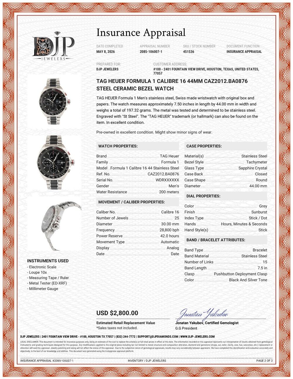 Tag Heuer Formula 1 Calibre 16 44MM caz2012.ba0876 Steel Ceramic Bezel Watch