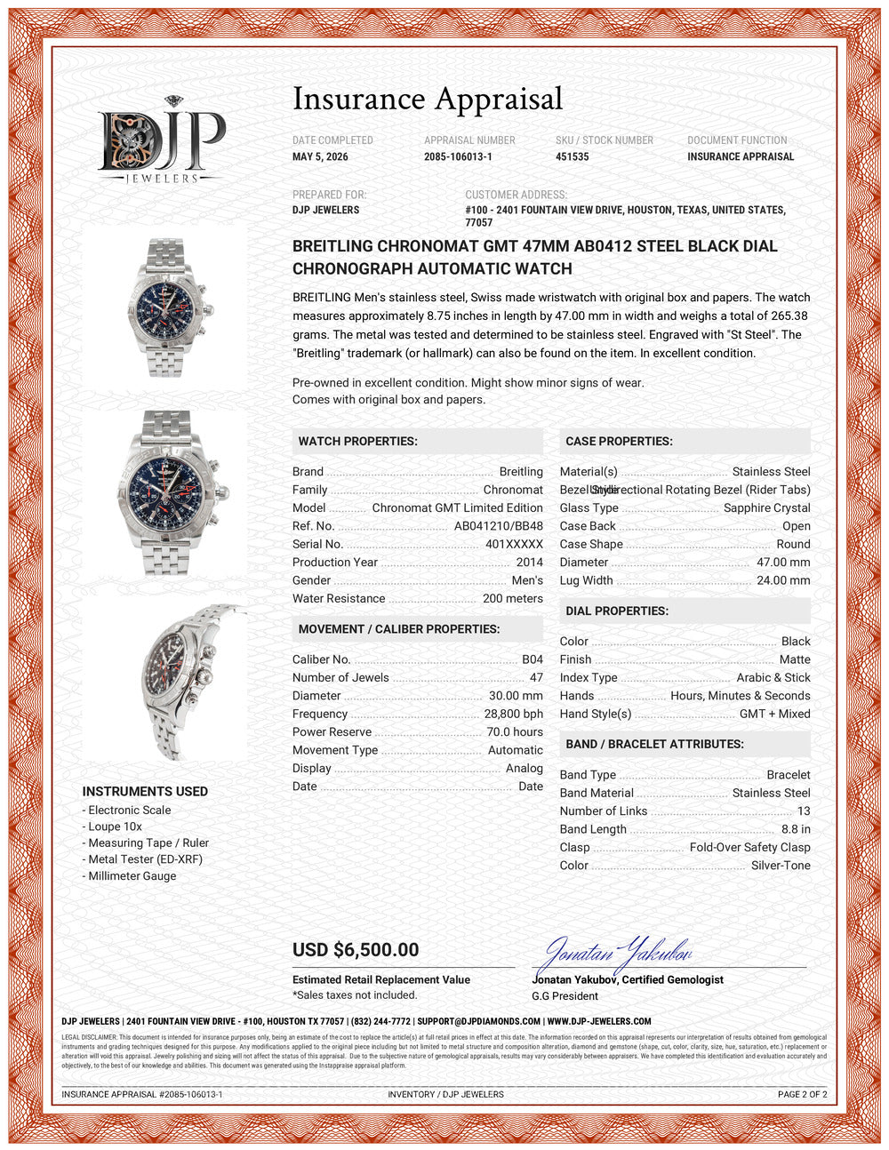 Breitling Chronomat Gmt 47MM AB0412 Steel Black Dial Chronograph Automatic Watch