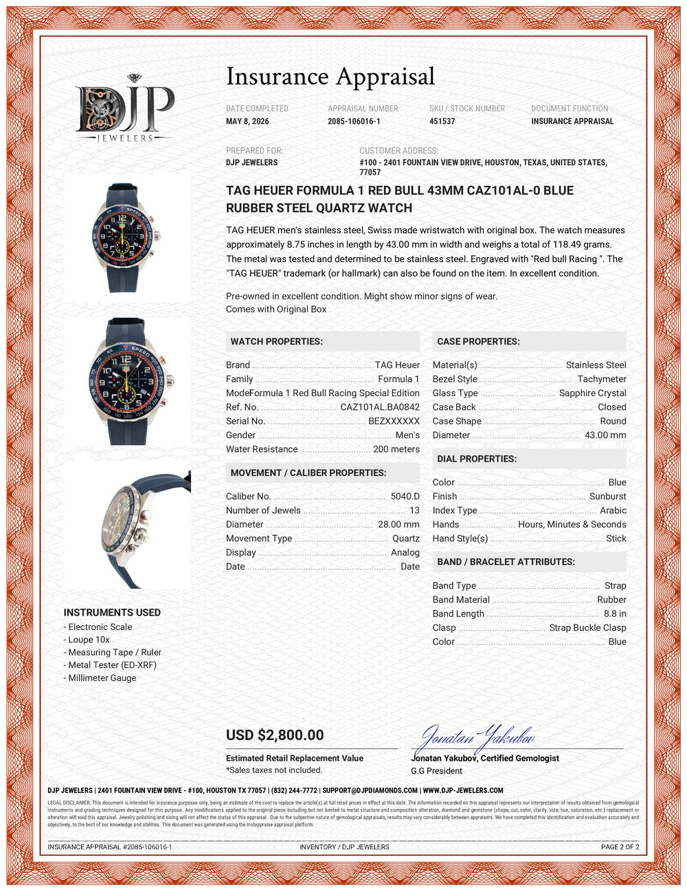 Tag Heuer Formula 1 Red Bull 43MM caz101al-0 Blue Rubber Steel Quartz Watch