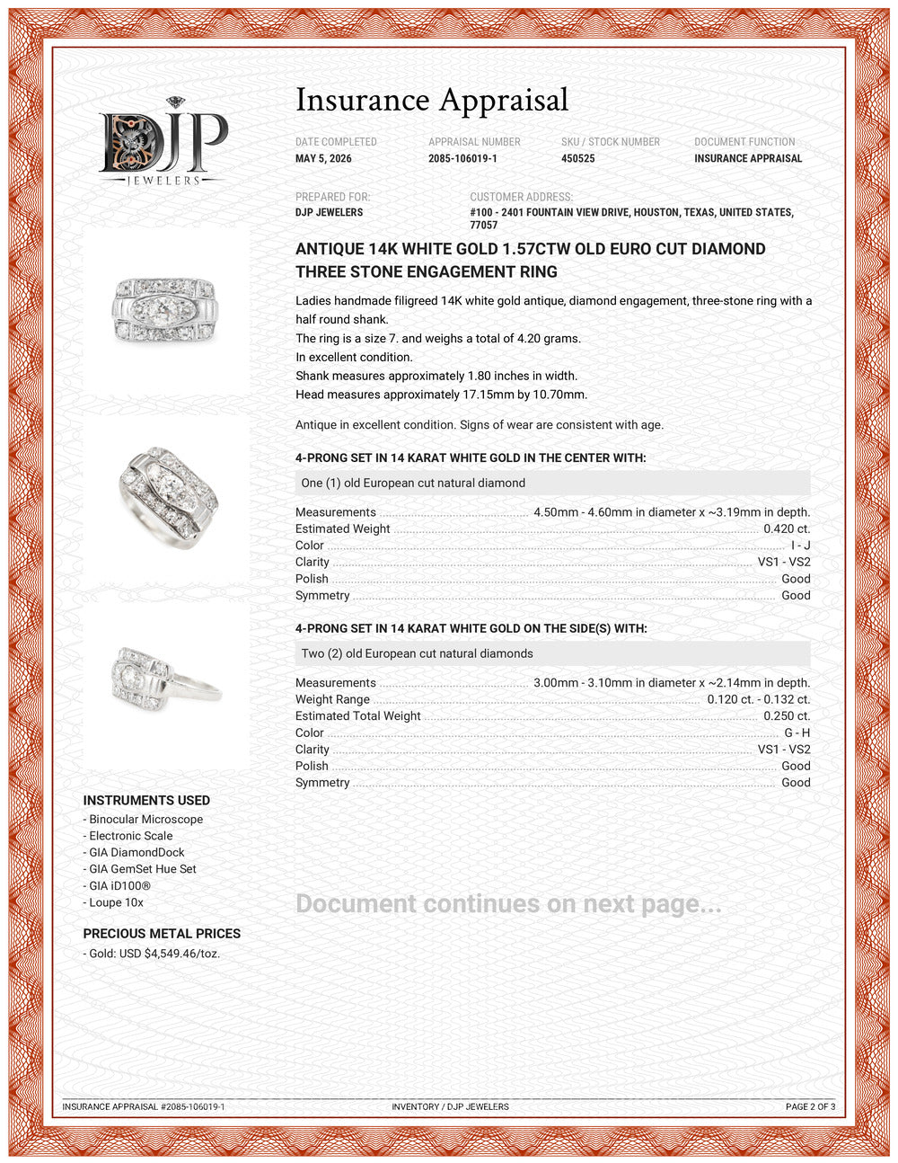 Antique 14K White Gold 1.57ctw Old Euro Cut Diamond Three Stone Engagement Ring