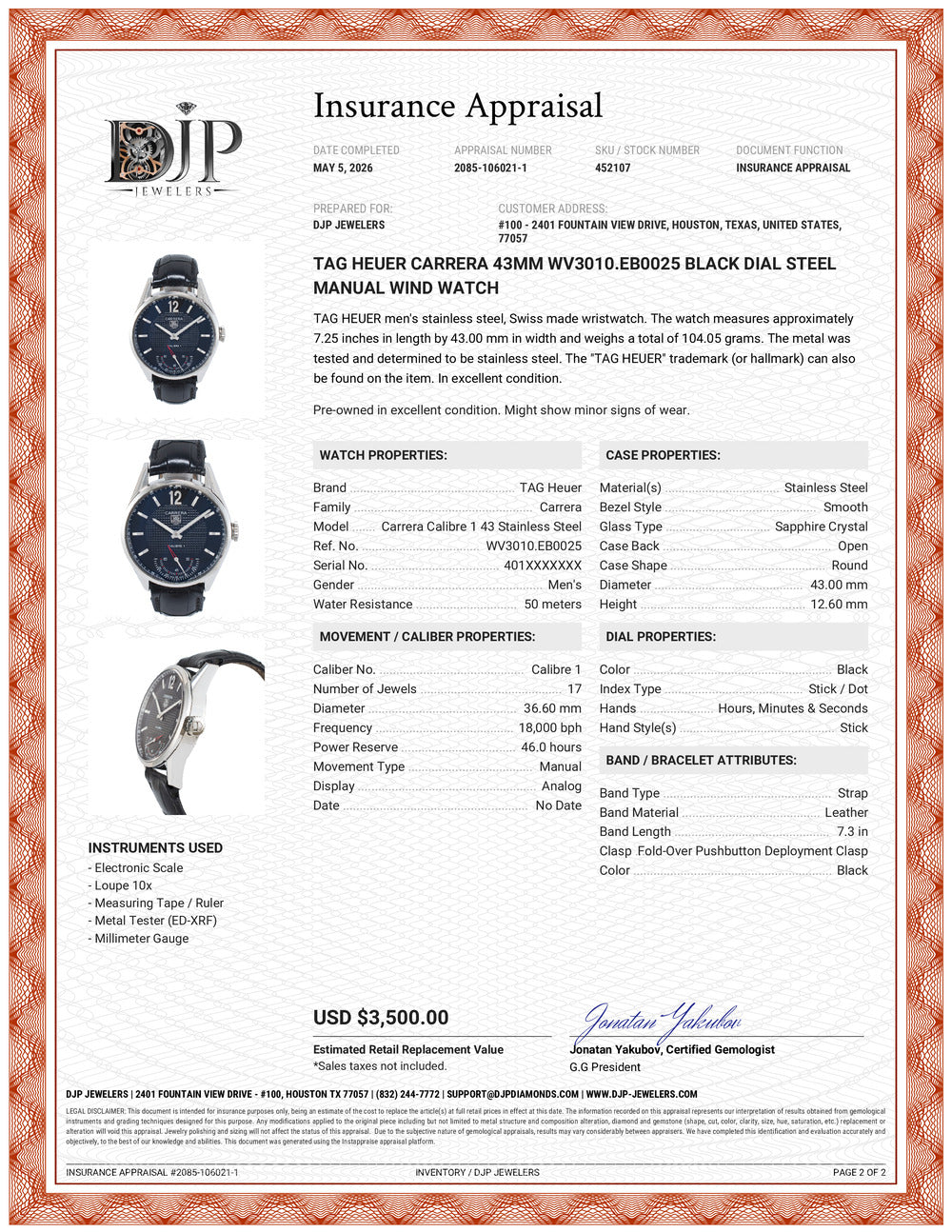 Tag Heuer Carrera 43MM wv3010.eb0025 Black Dial Steel Manual Wind Watch