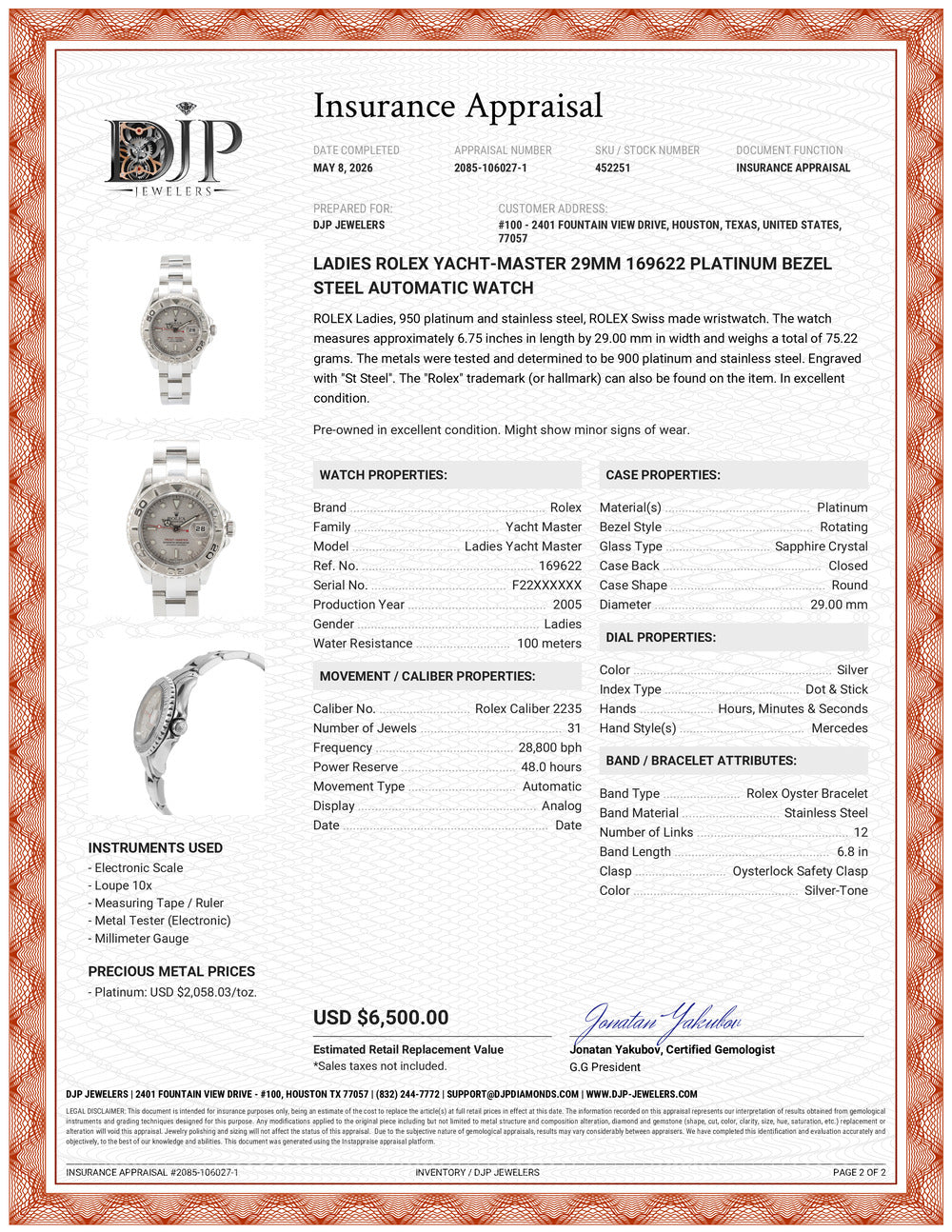 Ladies Rolex Yacht-Master 29MM 169622 Platinum Bezel Steel Automatic Watch