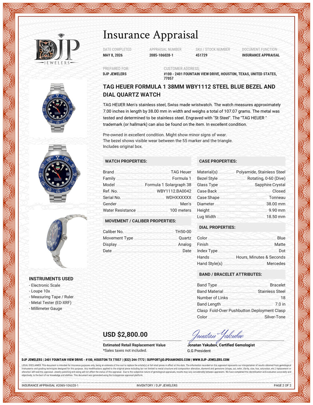 Tag Heuer Formula 1 38MM WBY1112 Steel Blue Bezel and Dial Quartz Watch