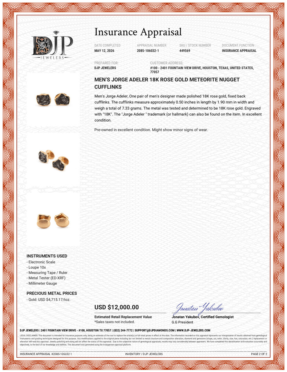 Men’s Jorge Adeler 18K Rose Gold Meteorite Nugget Cufflinks