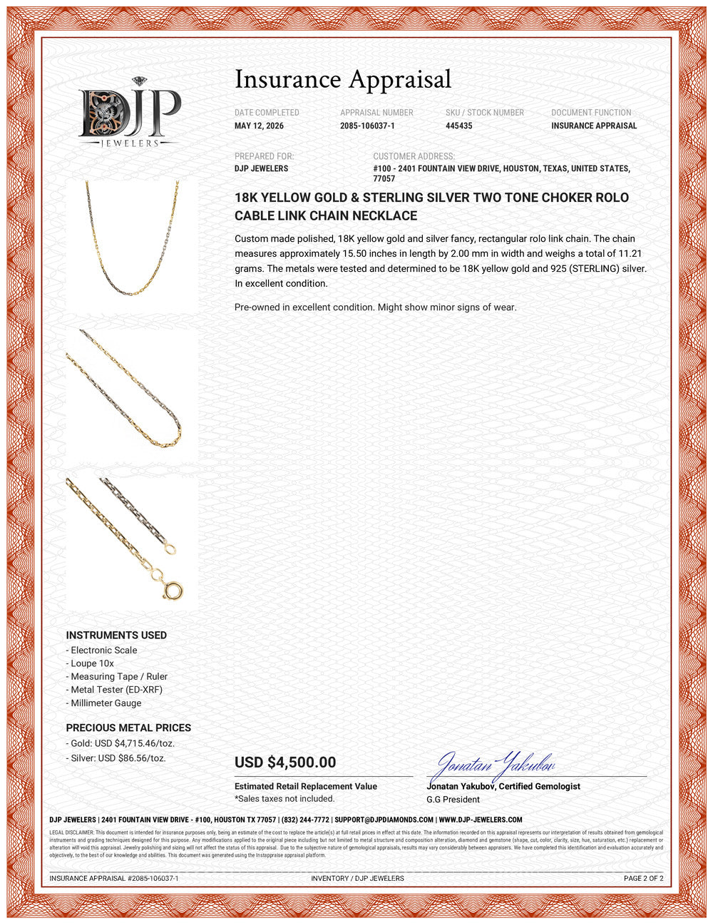 18K Yellow Gold & Sterling Silver Two Tone Choker Rolo Cable Link Chain Necklace