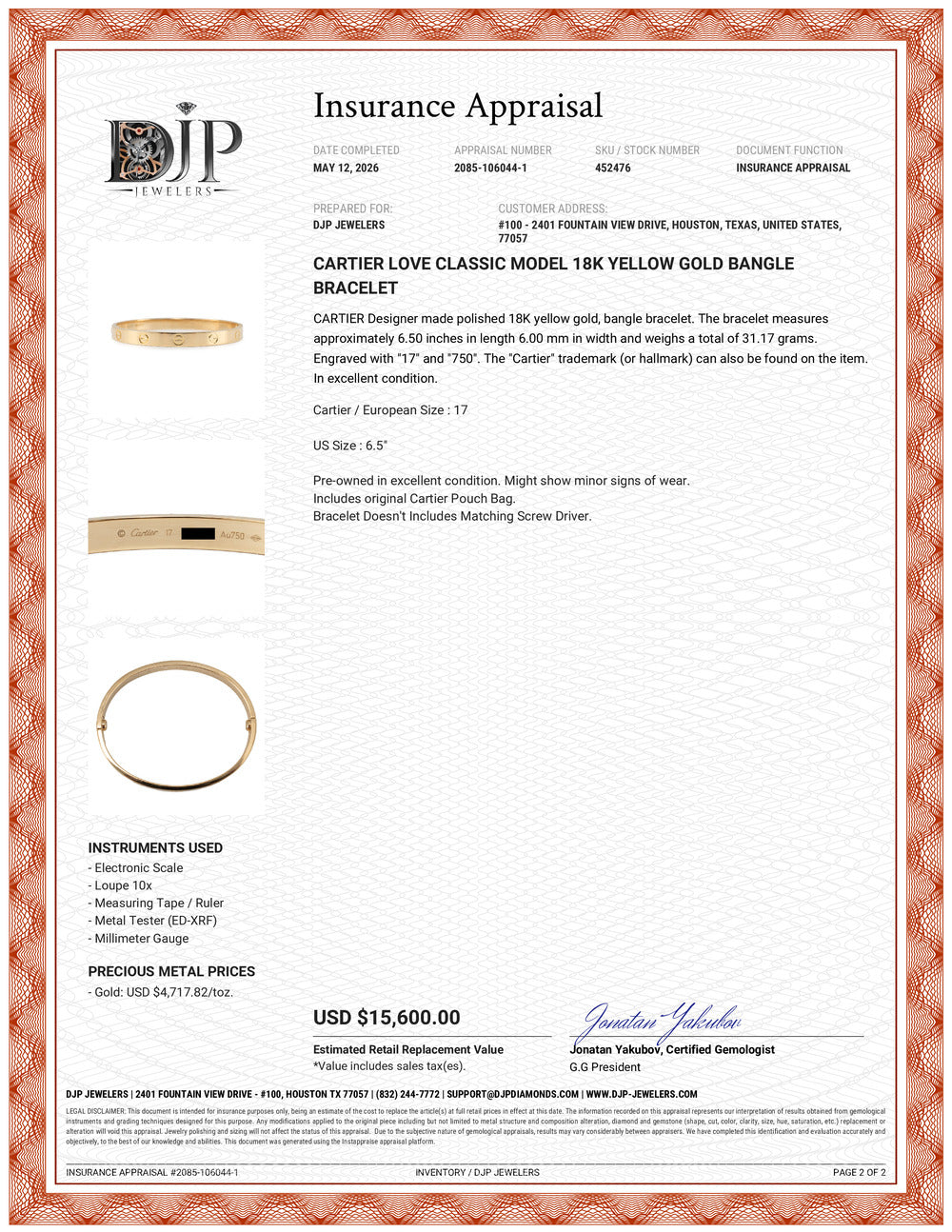 Cartier Love Classic Model 18K Yellow Gold Bangle Bracelet
