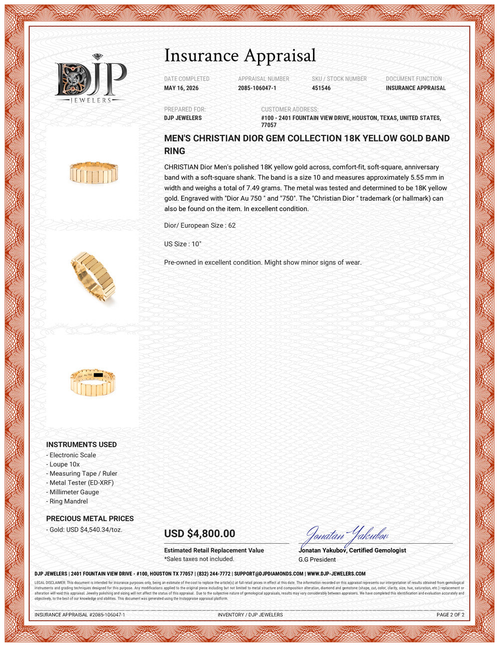 Men’s Christian Dior Gem Collection 18K Yellow Gold Band Ring