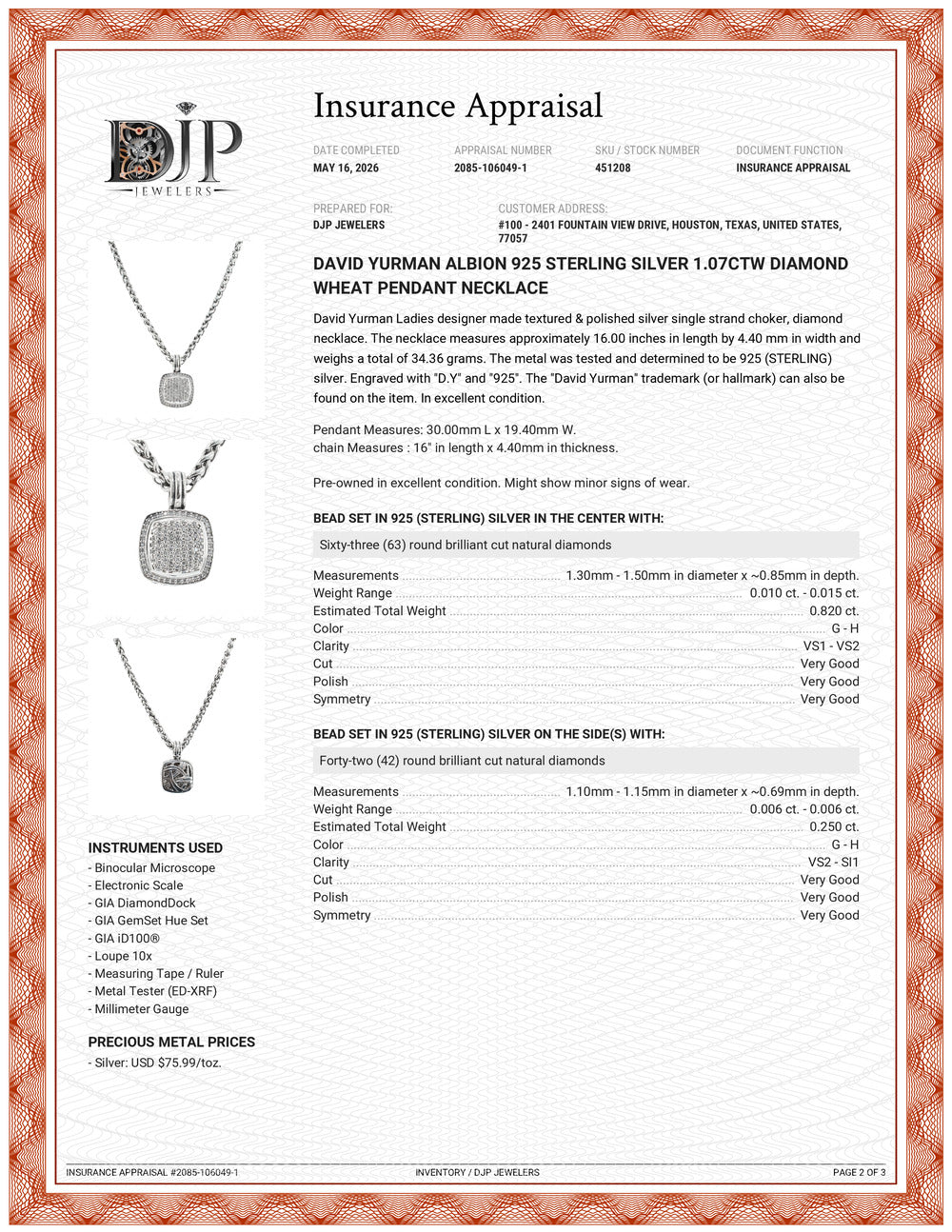David Yurman Albion 925 Sterling Silver 1.07ctw Diamond Wheat Pendant Necklace