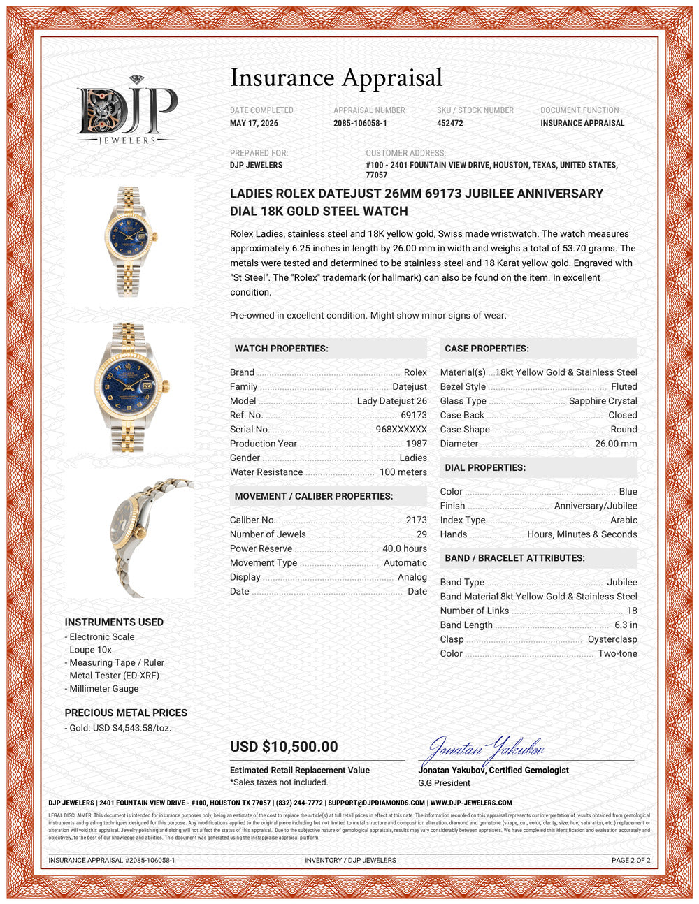 Ladies Rolex Datejust 26MM 69173 Jubilee Anniversary Dial 18K Gold Steel Watch