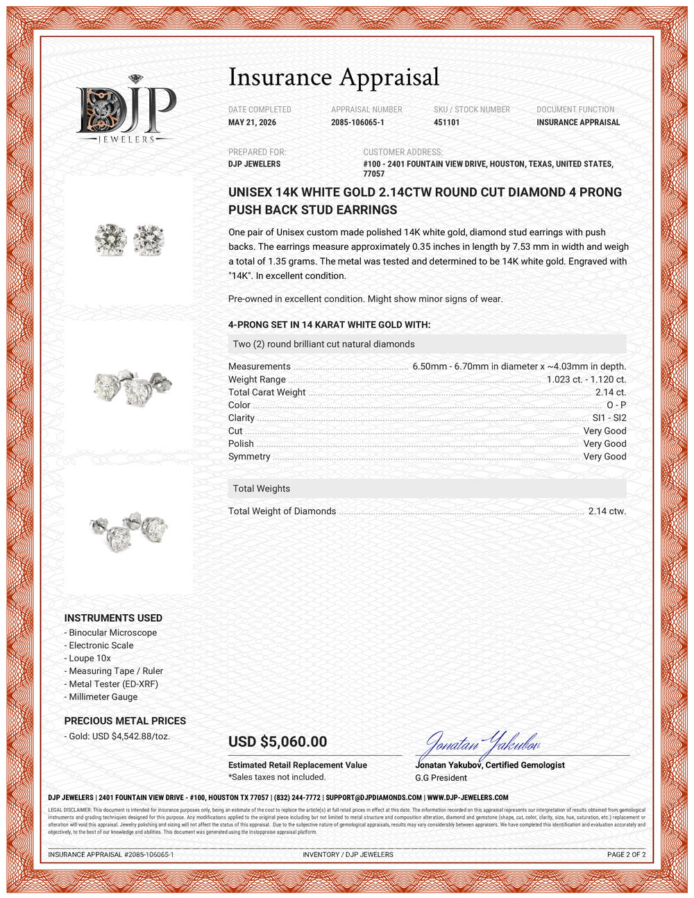 Unisex 14K White Gold 2.14ctw Round Cut Diamond 4 Prong Push Back Stud Earrings