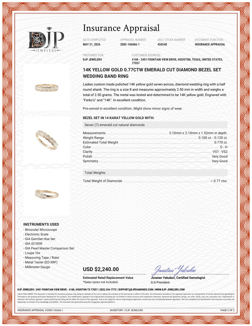 14K Yellow Gold 0.77ctw Emerald Cut Diamond Bezel Set Wedding Band Ring