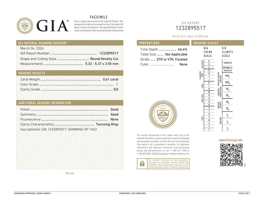 Natural 0.61ct Gia I SI2 Round Novelty Cut Loose Diamond