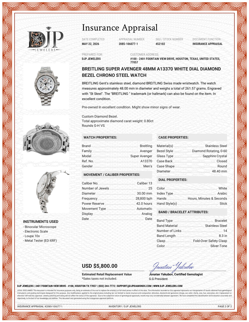 Breitling Super Avenger 48MM A13370 White Dial Diamond Bezel Chrono Steel Watch