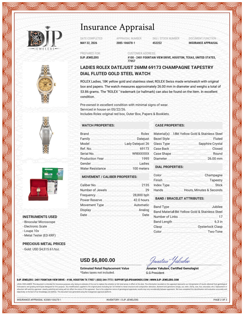 Ladies Rolex Datejust 26MM 69173 Champagne Tapestry Dial Fluted Gold Steel Watch