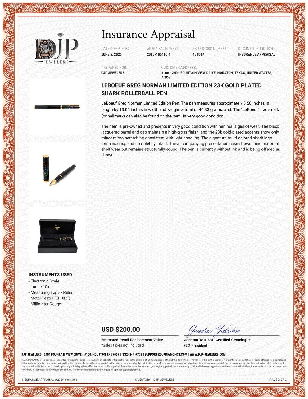 Leboeuf Greg Norman Limited Edition 23K Gold Plated Shark Rollerball Pen