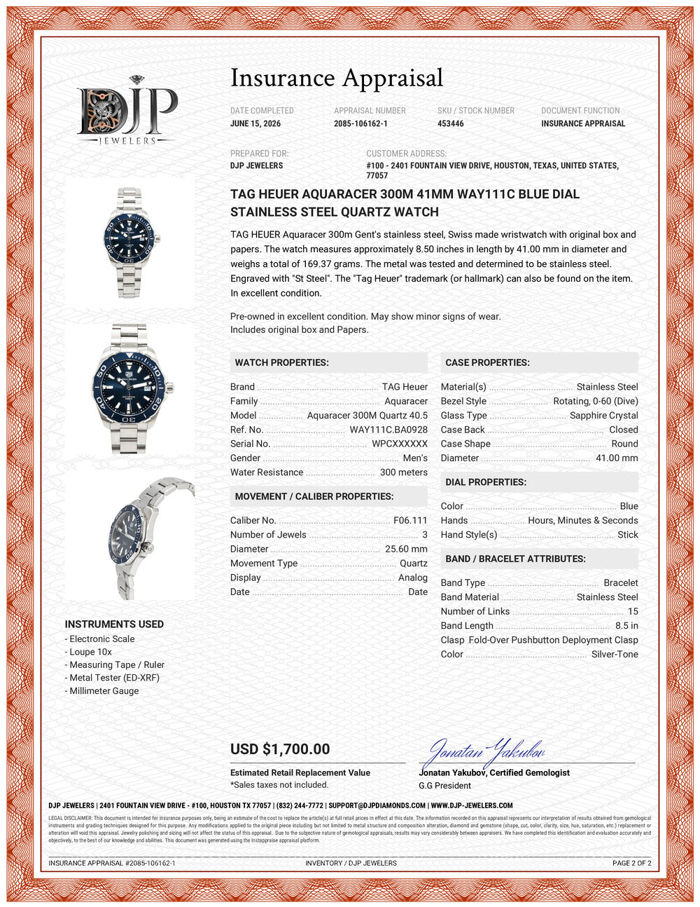 Tag Heuer Aquaracer 300M 41MM way111c Blue Dial Stainless Steel Quartz Watch