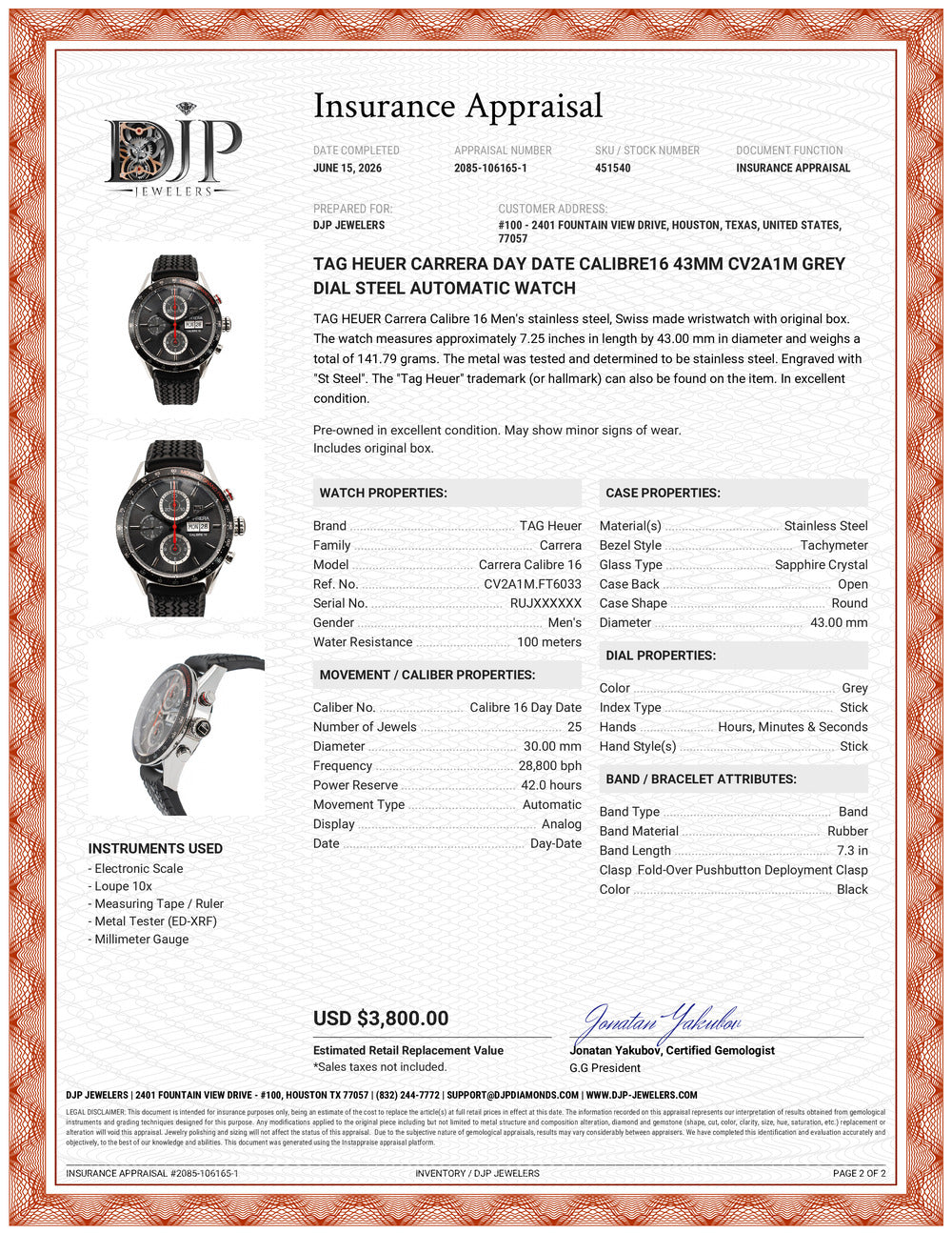 Tag Heuer Carrera Day Date CALIBRE16 43MM cv2a1M Grey Dial Steel Automatic Watch