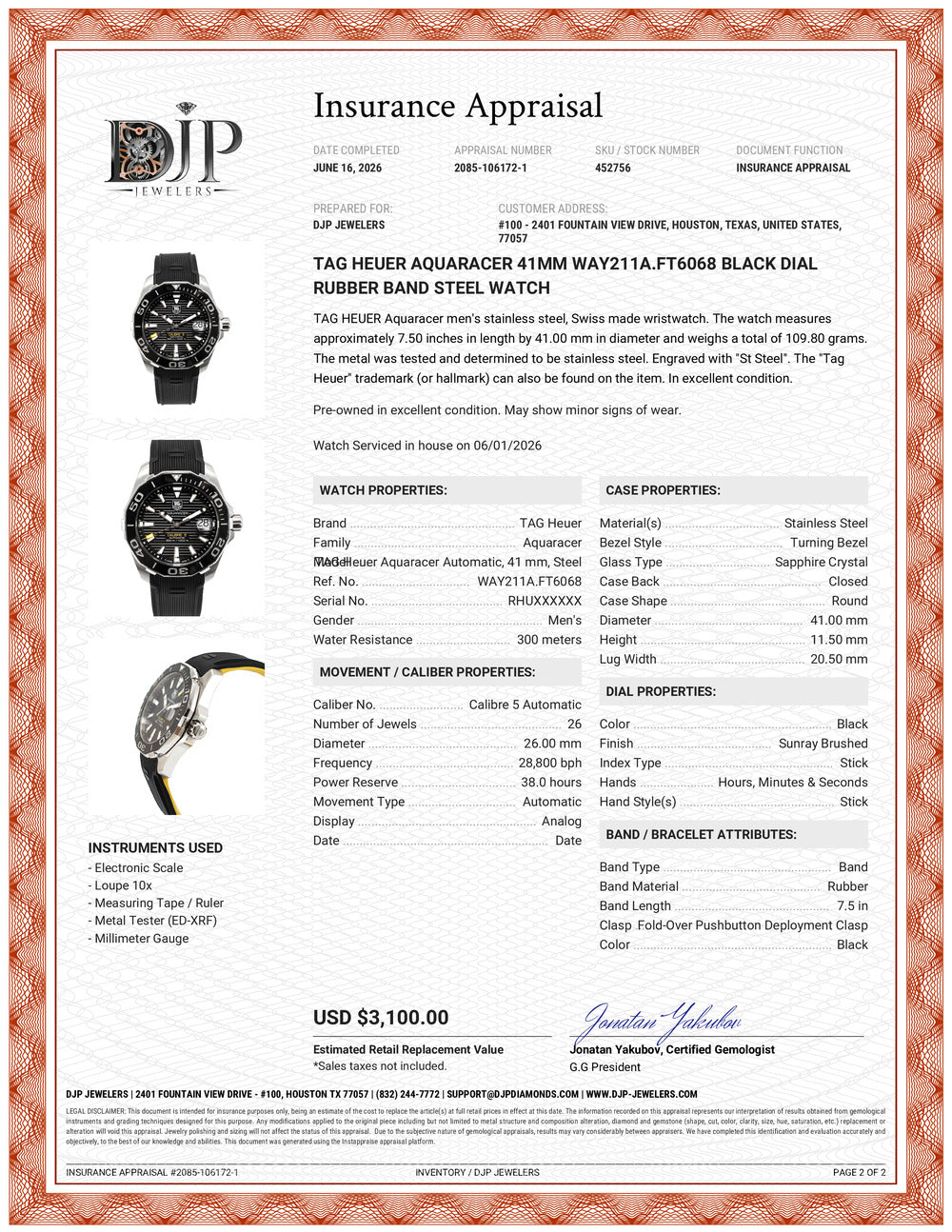 Tag Heuer Aquaracer 41MM way211a.ft6068 Black Dial Rubber Band Steel Watch