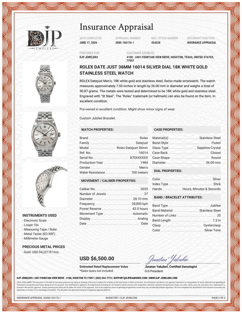Rolex Date Just 36MM 16014 Silver Dial 18K White Gold Stainless Steel Watch