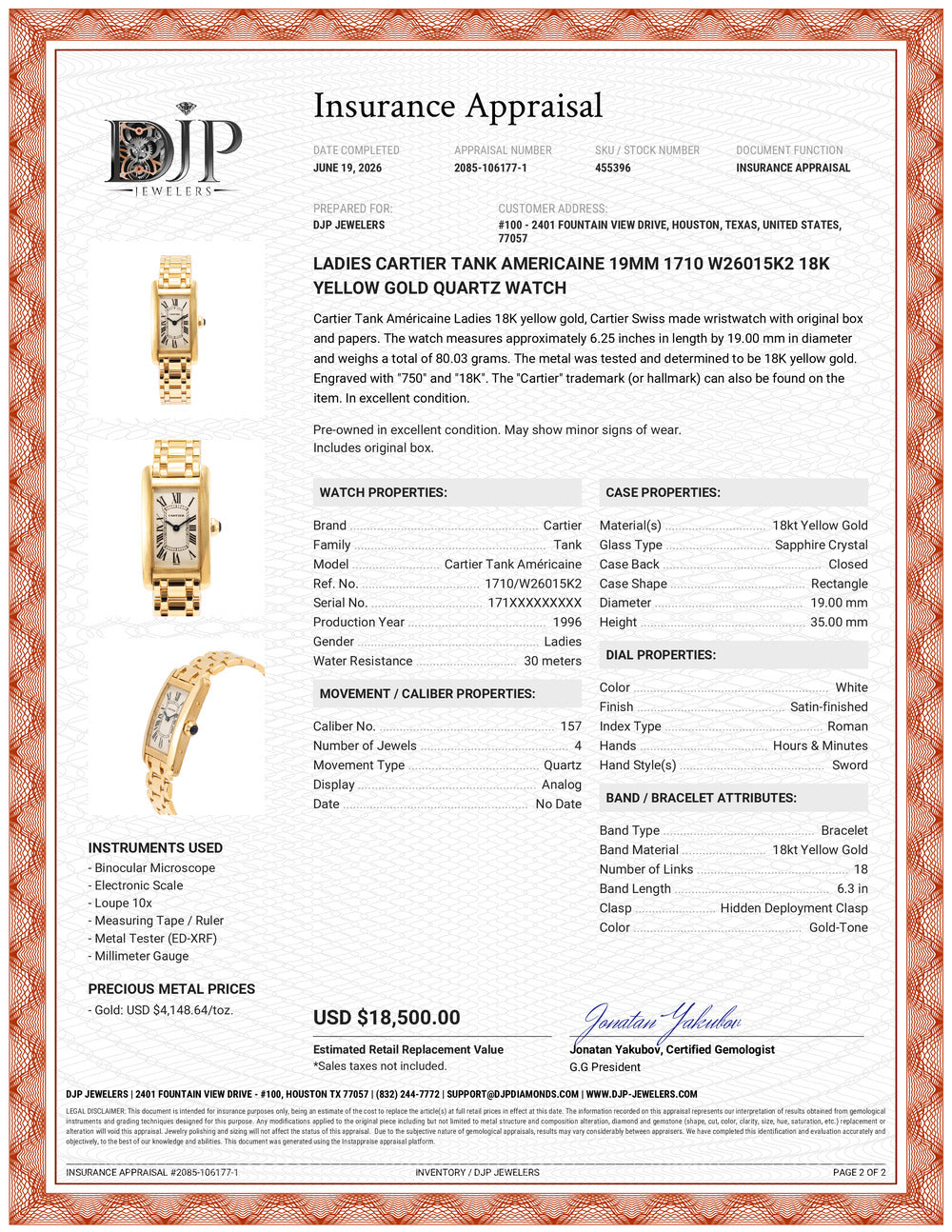 Ladies Cartier Tank Americaine 19MM 1710 W26015K2 18K Yellow Gold Quartz Watch