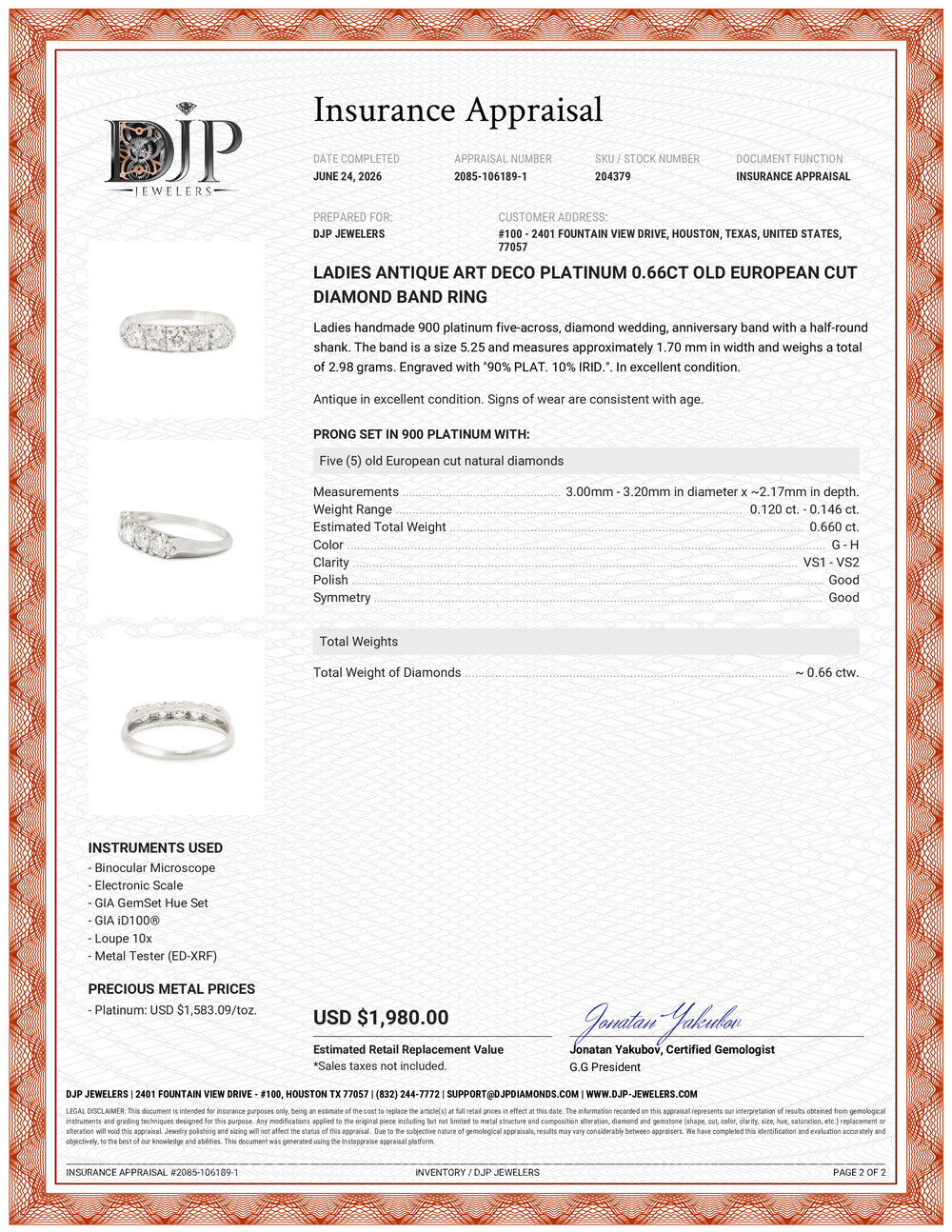 Ladies Antique Art Deco Platinum 0.66ct Old European Cut Diamond Band Ring