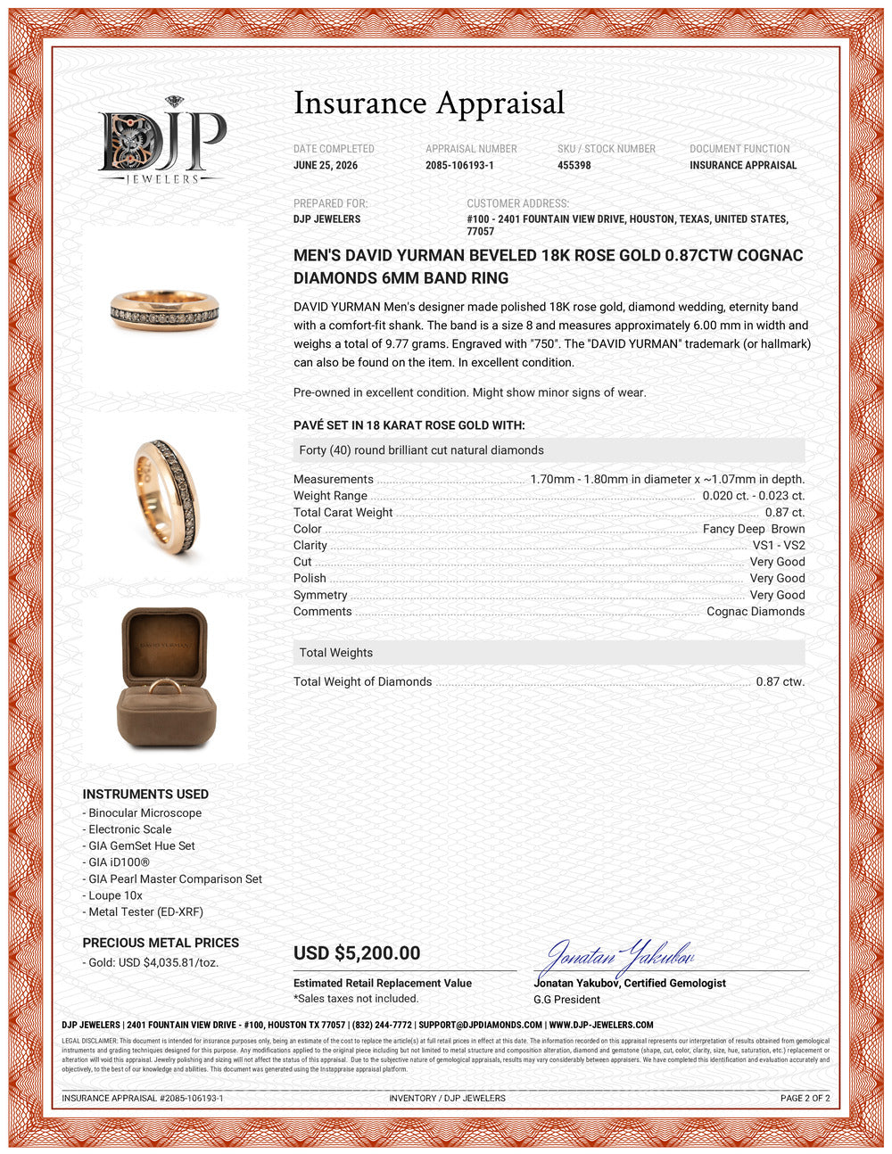 Men’s David Yurman Beveled 18K Rose Gold 0.87ctw Cognac Diamonds 6MM Band Ring