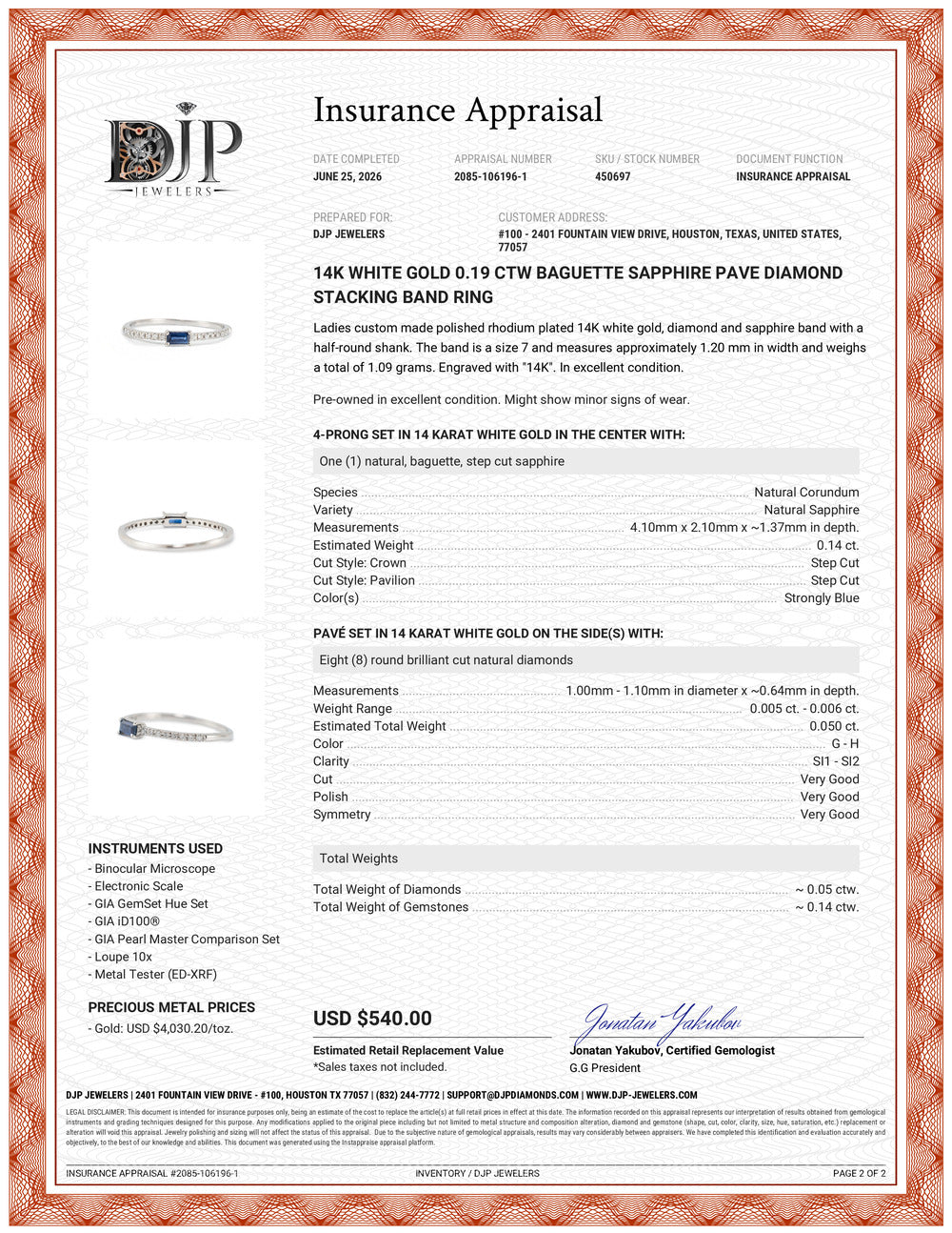 14K White Gold 0.19 Ctw Baguette Sapphire Pave Diamond Stacking Band Ring