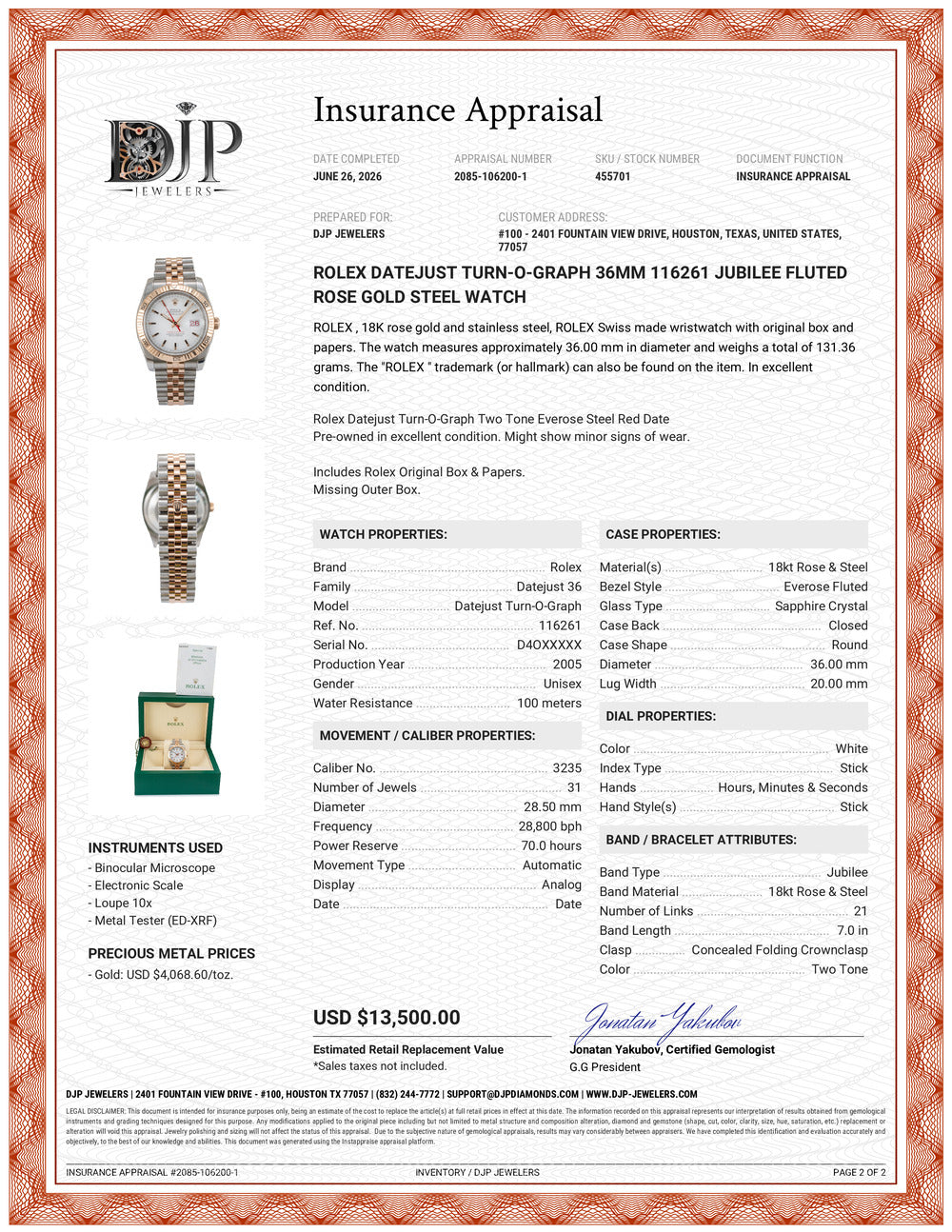 Rolex Datejust Turn-O-Graph 36MM 116261 Jubilee Fluted Rose Gold Steel Watch