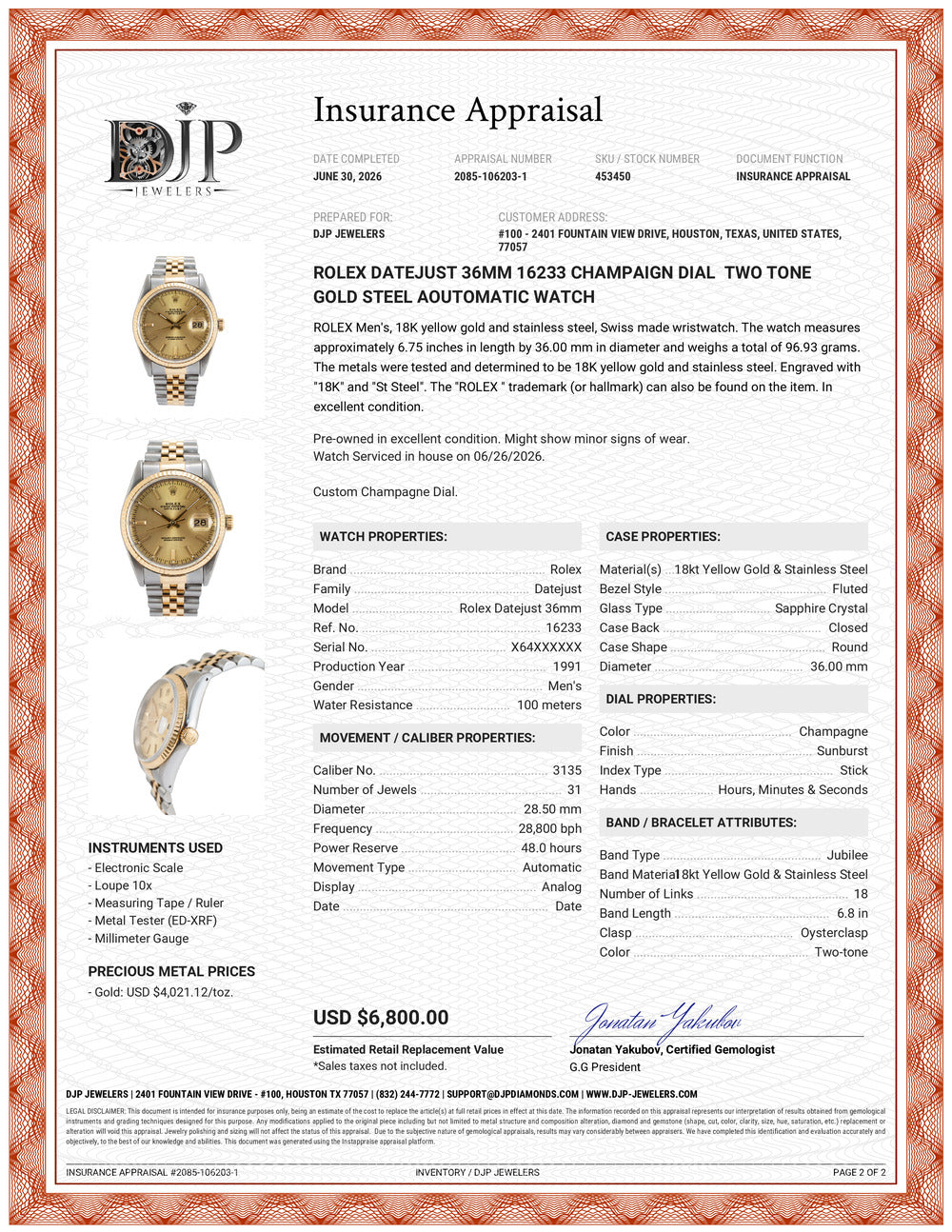 Rolex Datejust 36MM 16233 Champaign Dial Two Tone Gold Steel Automatic Watch