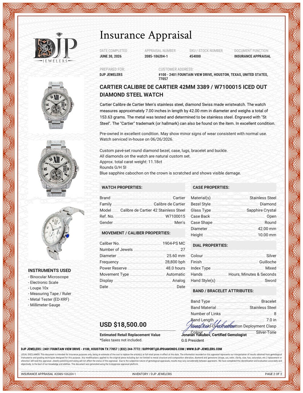Cartier Calibre de Cartier 42MM 3389 / W7100015 Iced Out Diamond Steel Watch