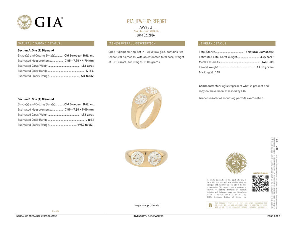 Unisex Vintage 14K Yellow Gold Gia 3.75ct Two Bezel Set Diamond Cocktail Ring