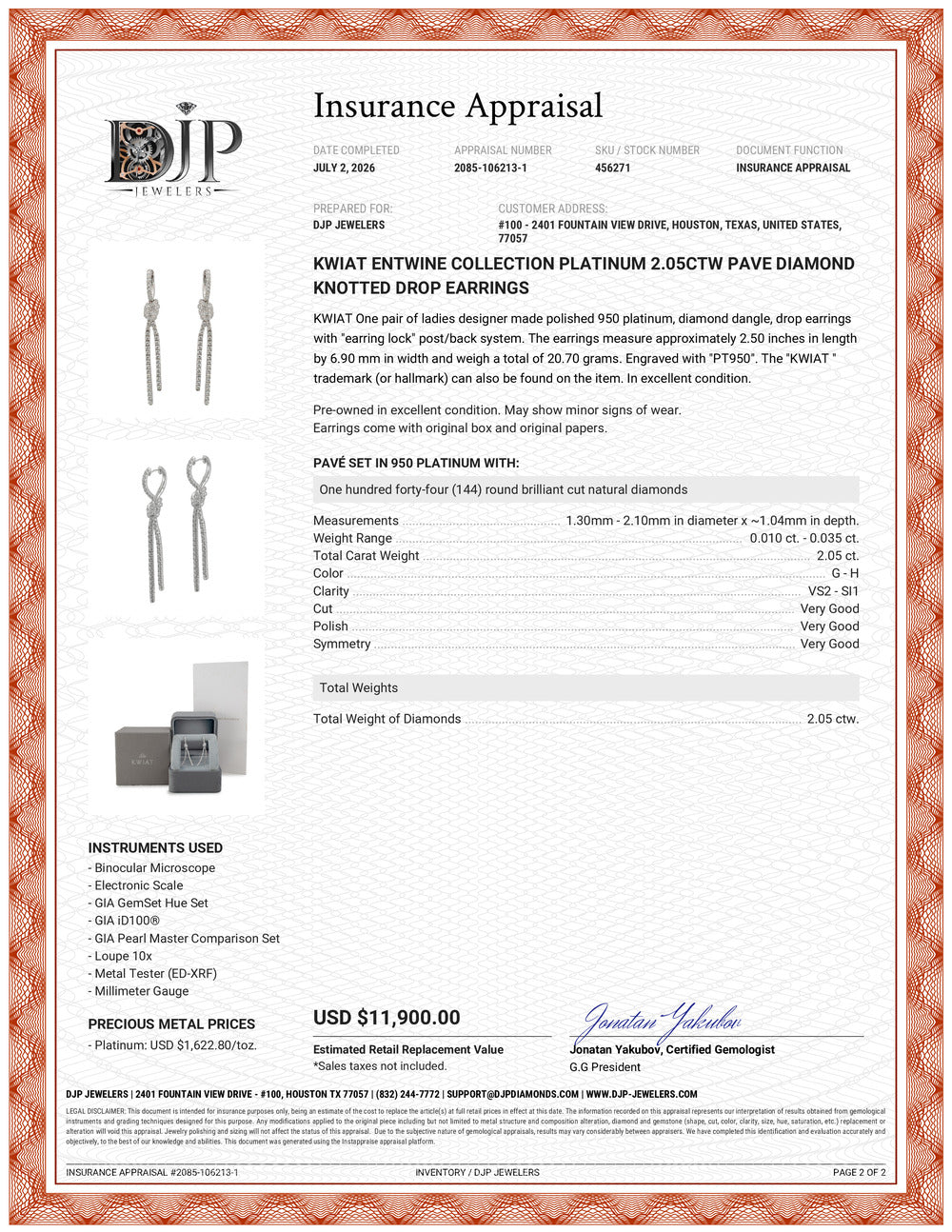 Kwiat Entwine Collection Platinum 2.05ctw Pave Diamond Knotted Drop Earrings