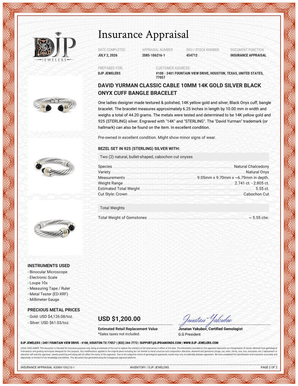 David Yurman Classic Cable 10MM 14K Gold Silver Black Onyx Cuff Bangle Bracelet