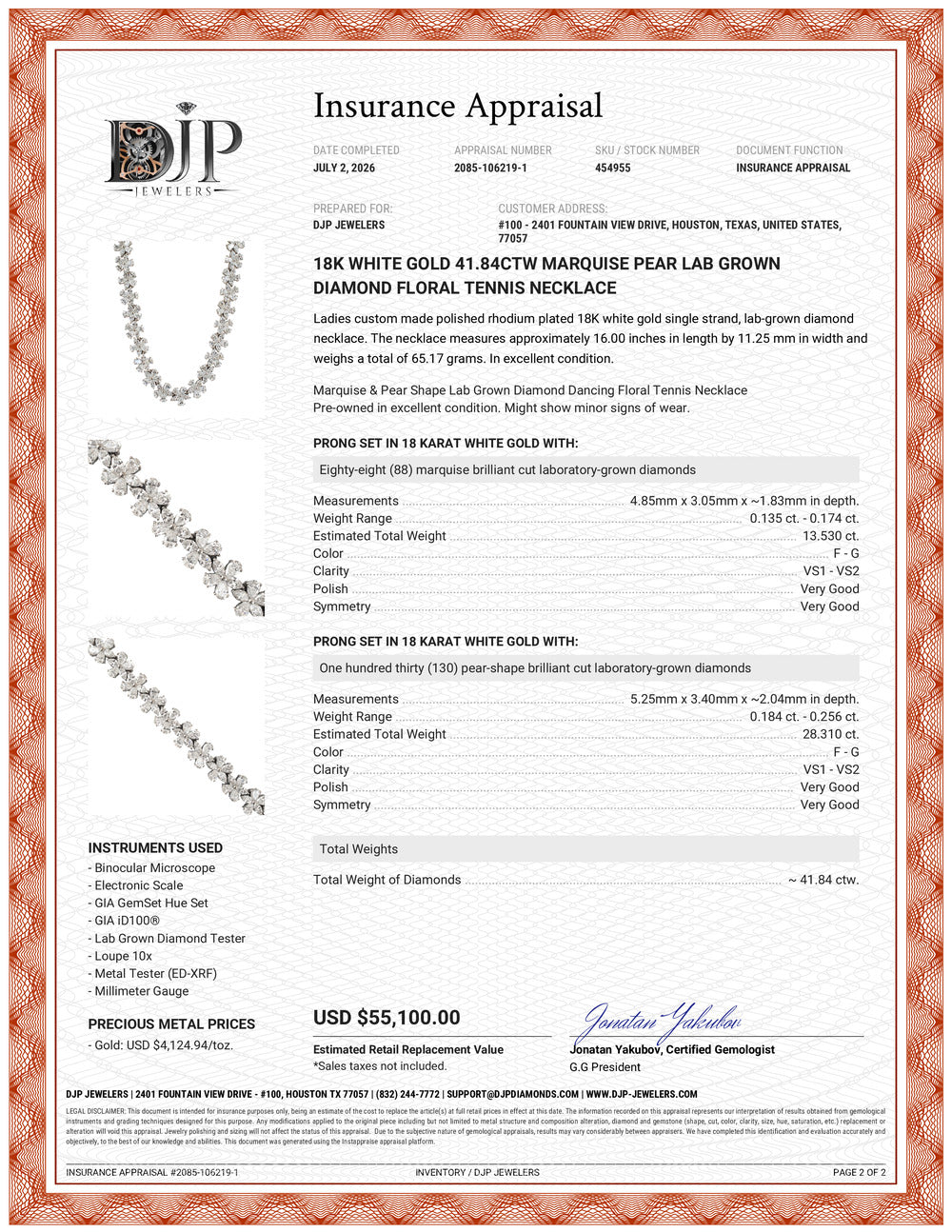 18K White Gold 41.84ctw Marquise Pear Lab Grown Diamond Floral Tennis Necklace