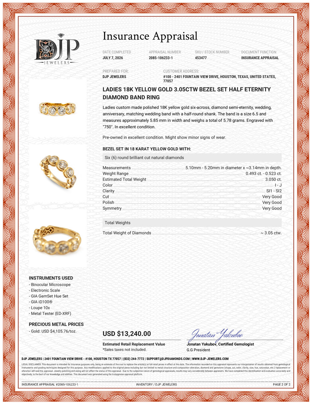 Ladies 18K Yellow Gold 3.05ctw Bezel Set Half Eternity Diamond Band Ring