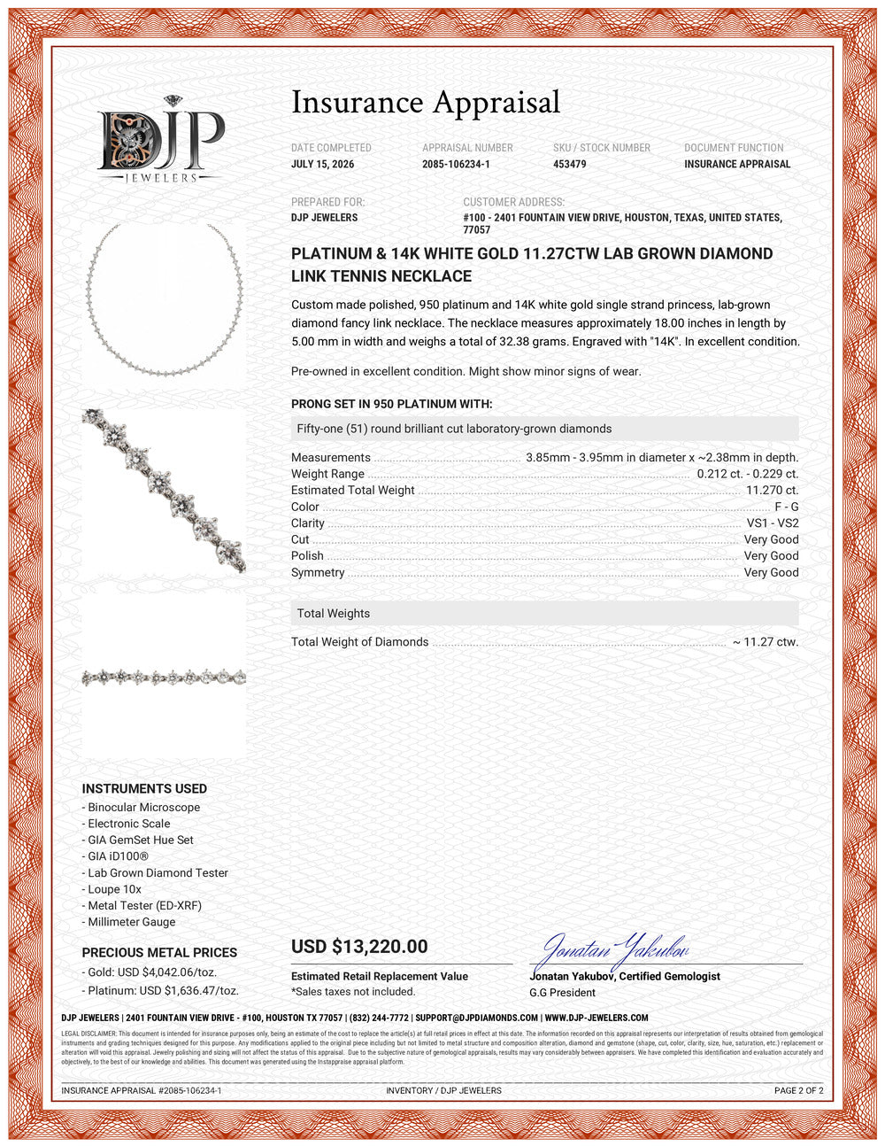 Platinum & 14K White Gold 11.27ctw Lab Grown Diamond Link Tennis Necklace