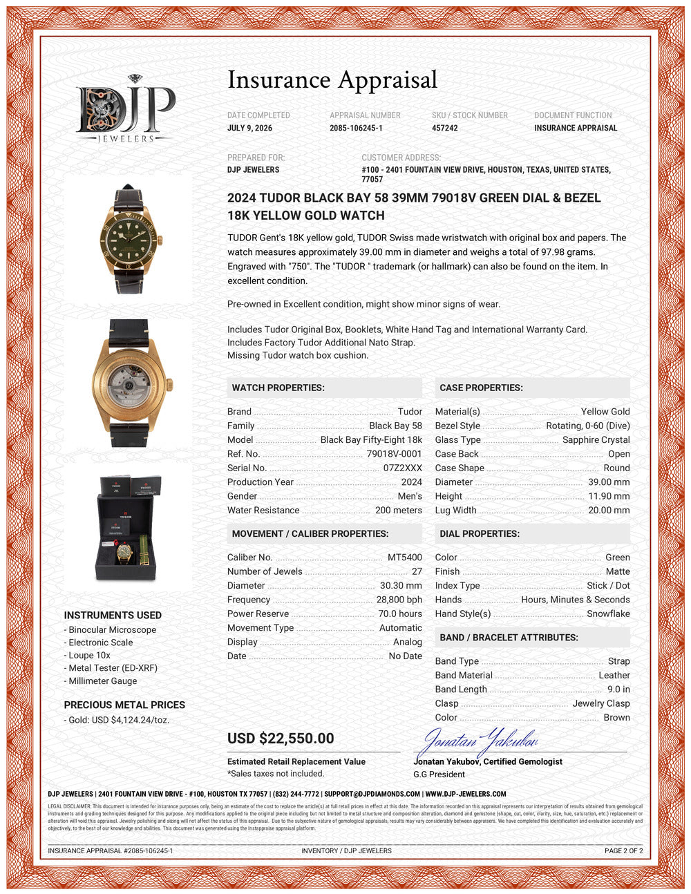 2024 Tudor Black Bay 58 39MM 79018V Green Dial & Bezel 18K Yellow Gold Watch